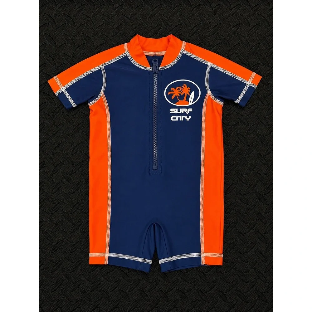 Surf City Boys Navy Blue Orange Short Sleeve Rash Guard One Piece Swimsuit Kids